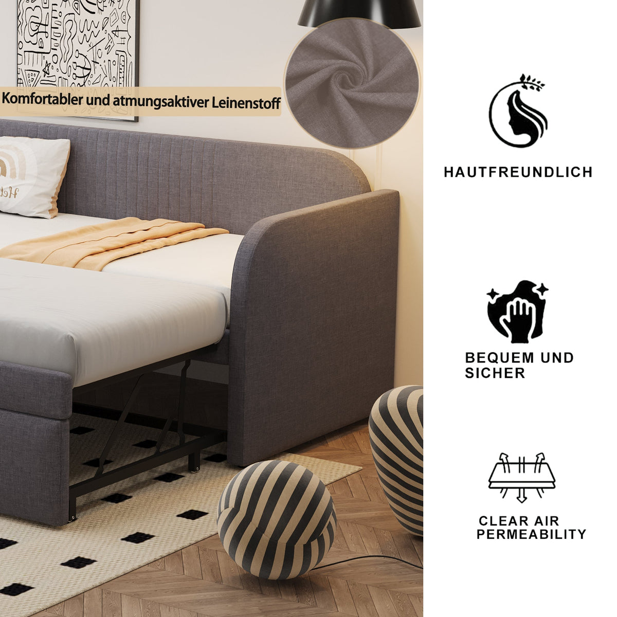 Upholstered Bed Pull-Out Sofa, Multifunctional with Slatted Frame, Grey Linen
