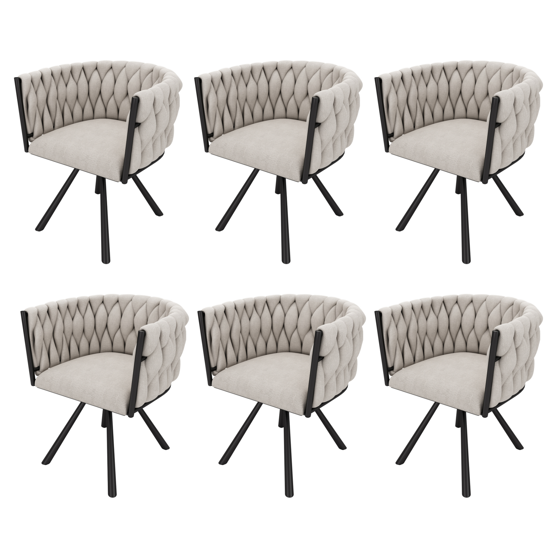 Linen Dining Swivel Chairs, Set of 6, Leisure Armchair with Metal Legs, Beige and Black Linen
