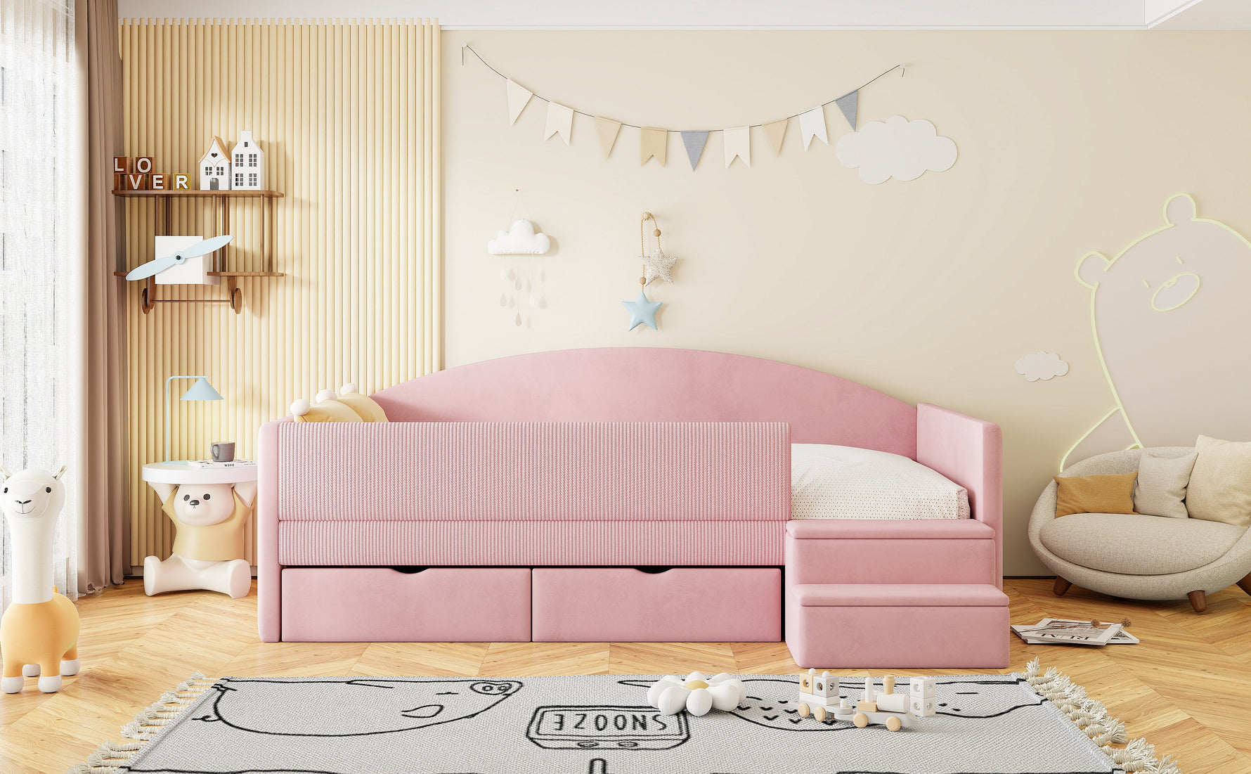 Upholstered Sofa Bed with Two Drawers, Railings and Steps, 90x190cm, Pink Velvet