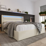 Hydraulic Storage Bed, LED Lighting, 140x200cm, White