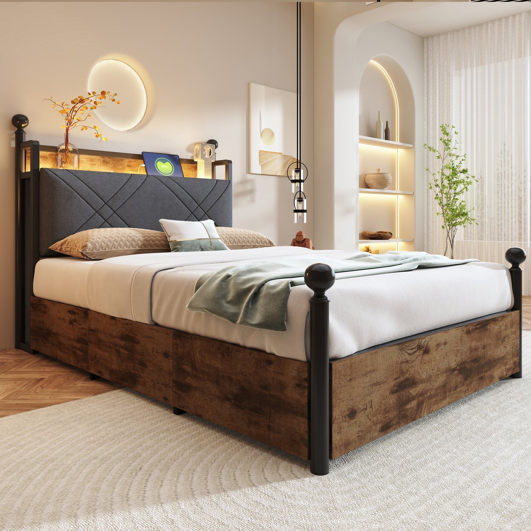 Multifunctional Bed 90x190cm, Storage, Wrought Iron Canopy, LED/USB Ports, Iron