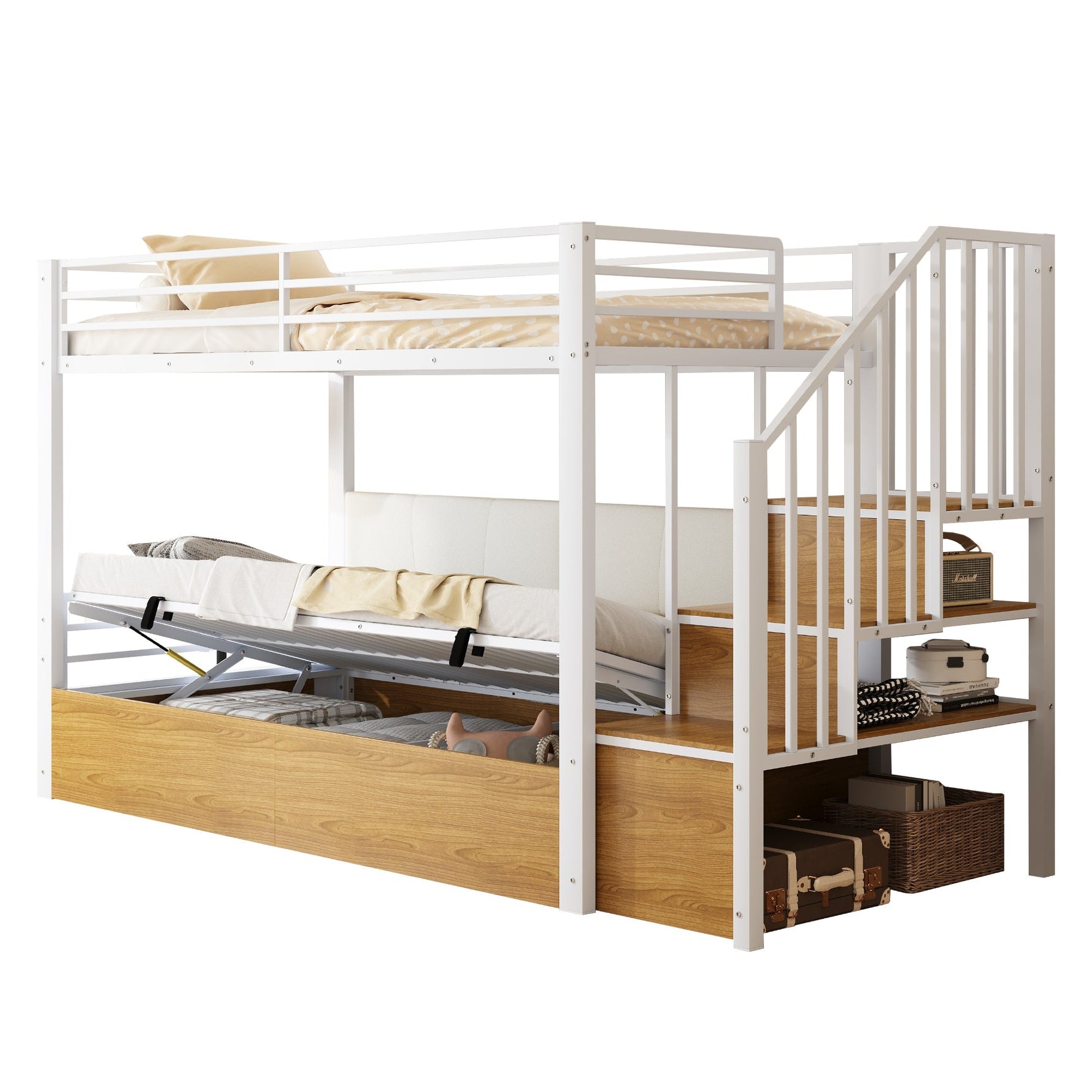 Iron Loft Bed with Padded PU Backrest and Hydraulic Function, 90x200cm, White