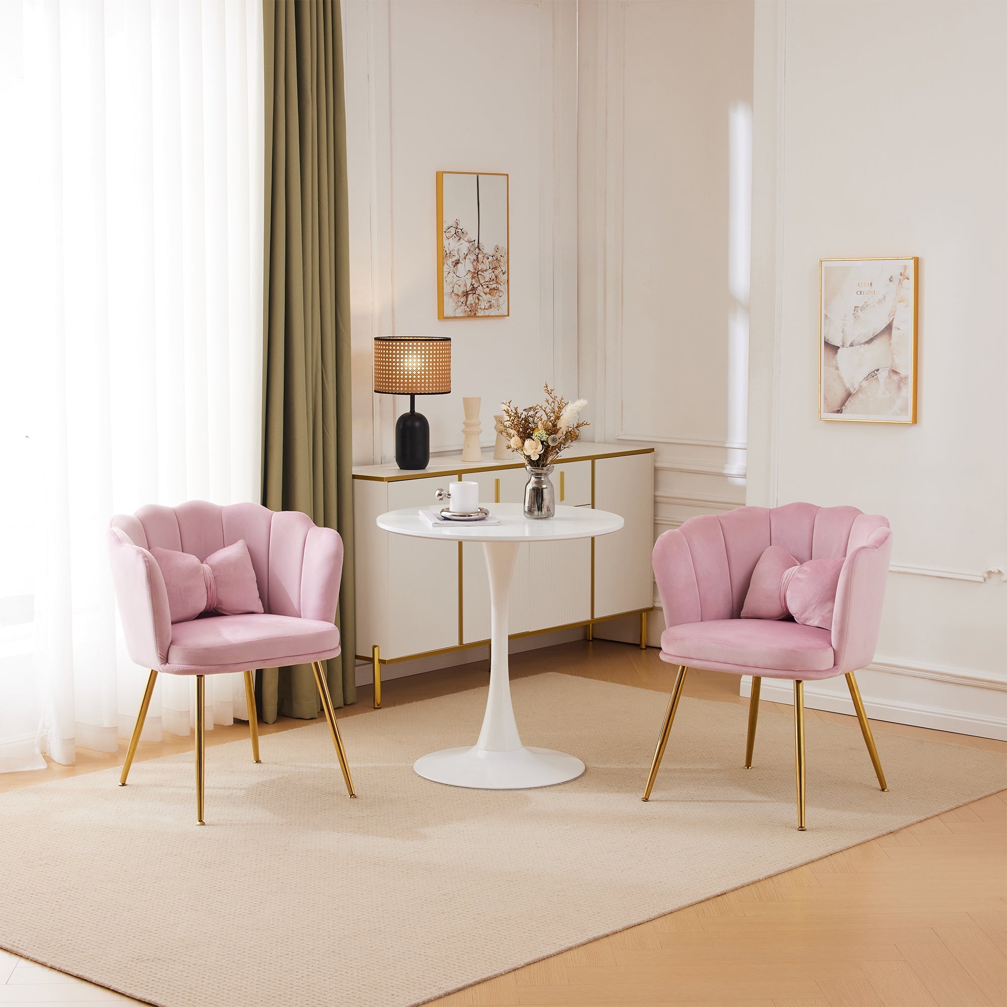 Chairs, Set of 2 Upholstered Petal Back with Gold Legs, Velvet