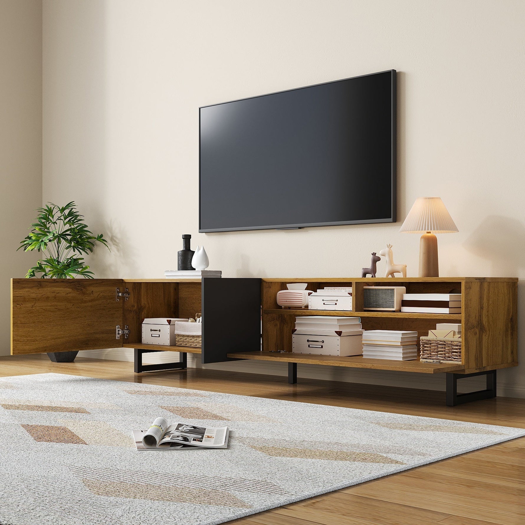 Colorblock TV Cabinet, 3 Doors 2 Compartments U-shaped Metal Legs, Retro Wood Grain