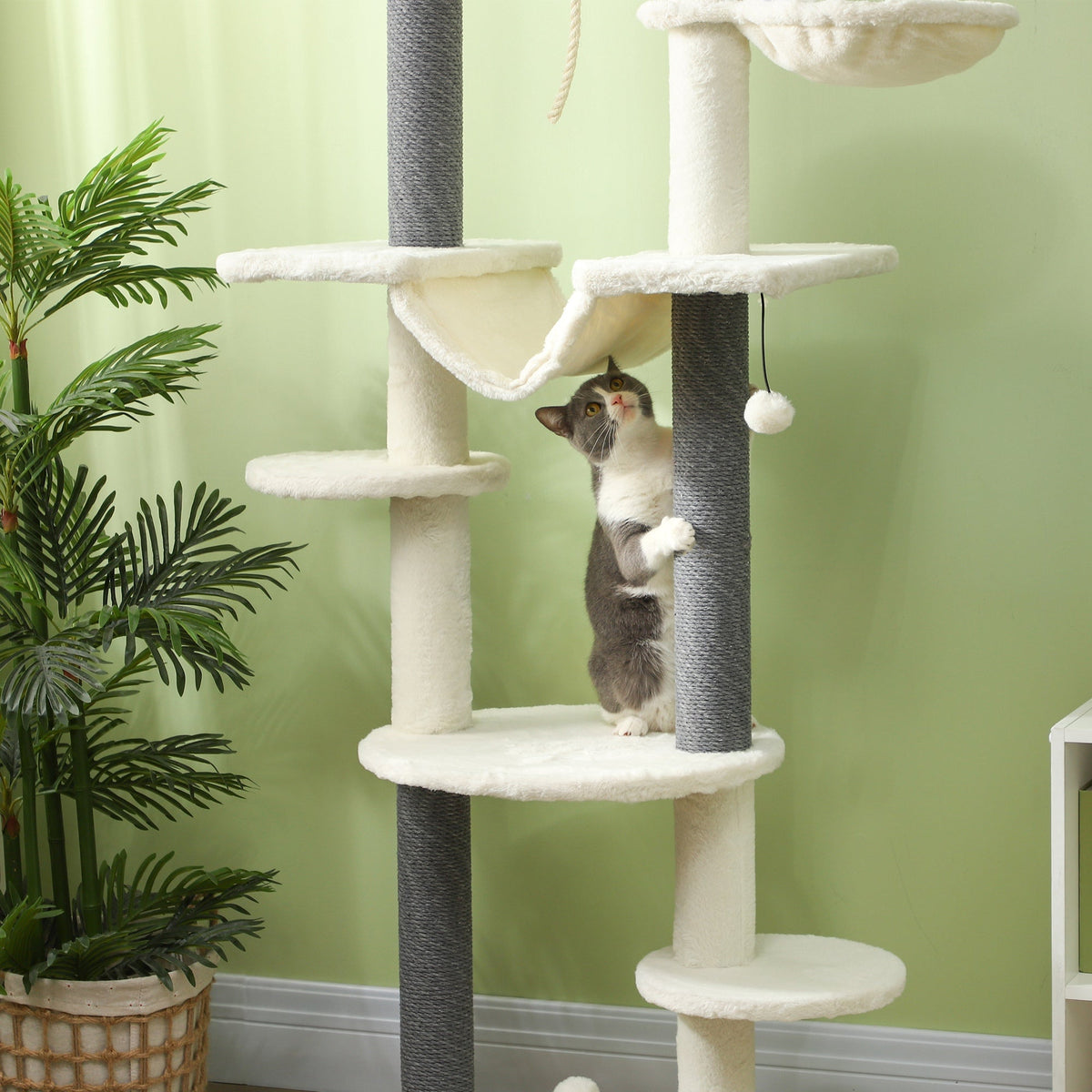 Cat Tree, Ceiling-High with Hammocks, Scratching Posts, White