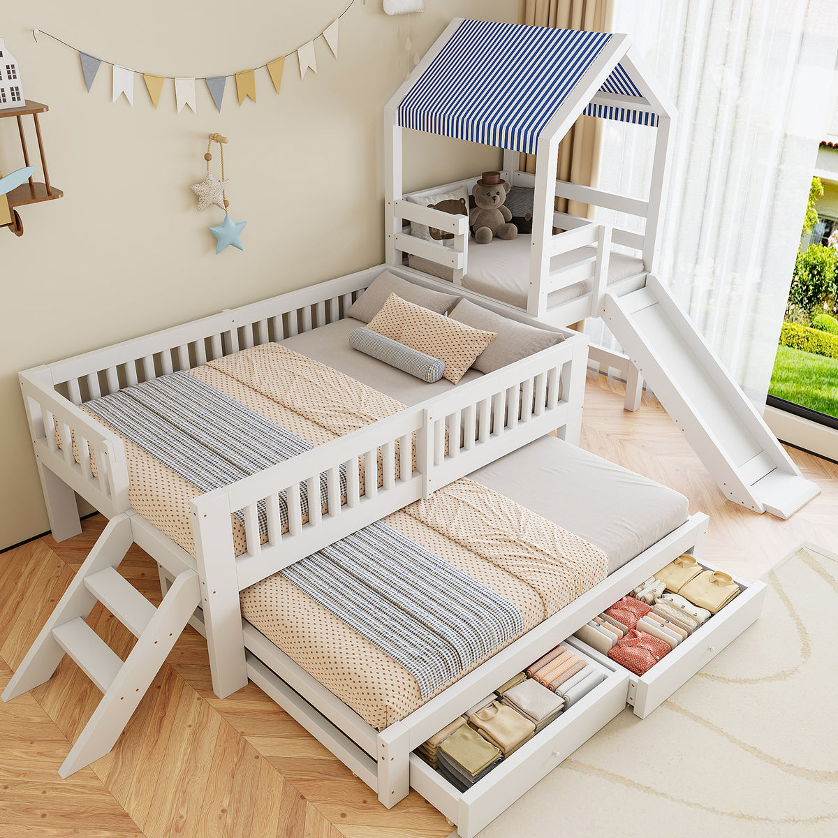House Bunk Bed with Slide, Trundle & Drawers, White Solid Wood