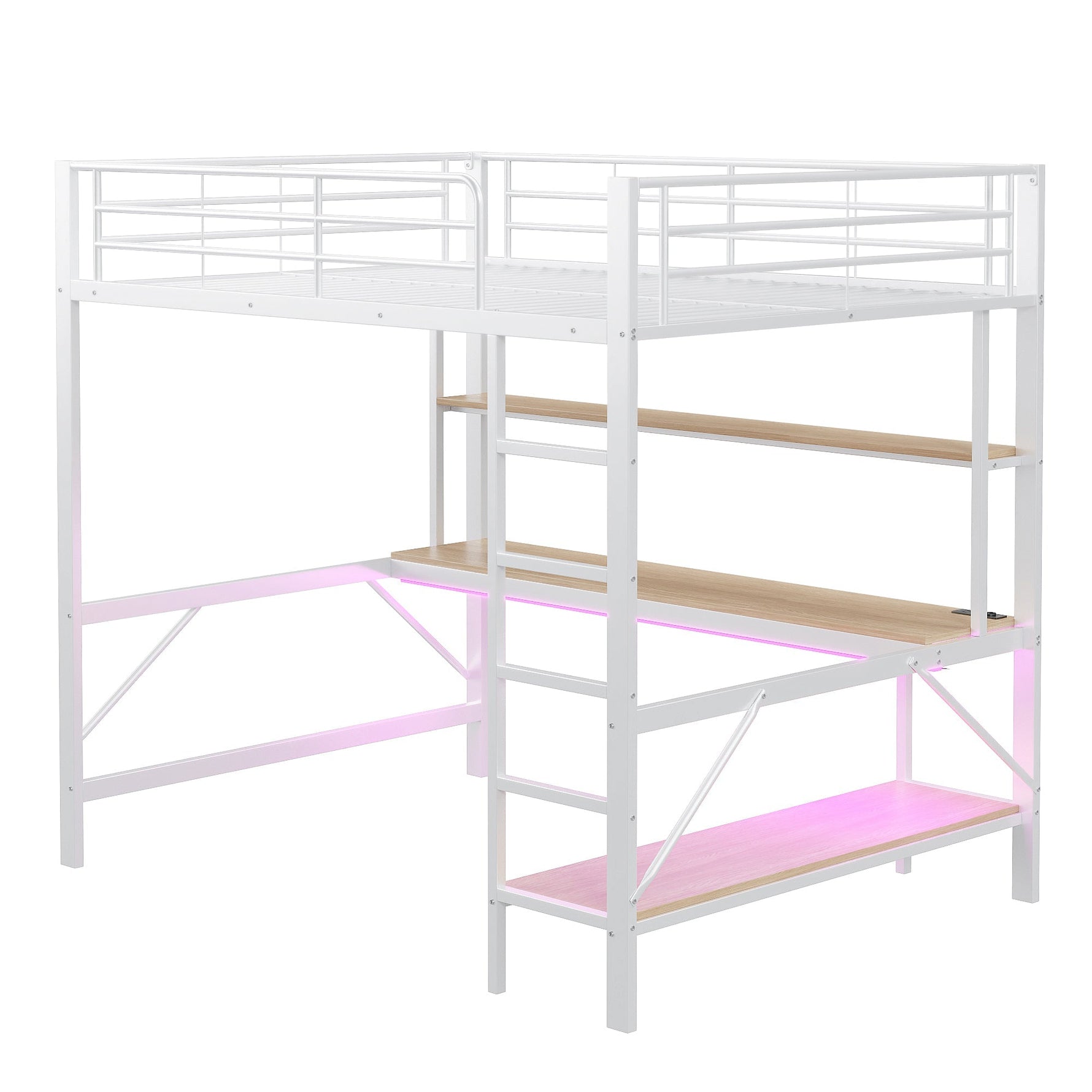 Loft Bed 140x200cm Desk Shelf LED USB/Power Outlet - White Metal