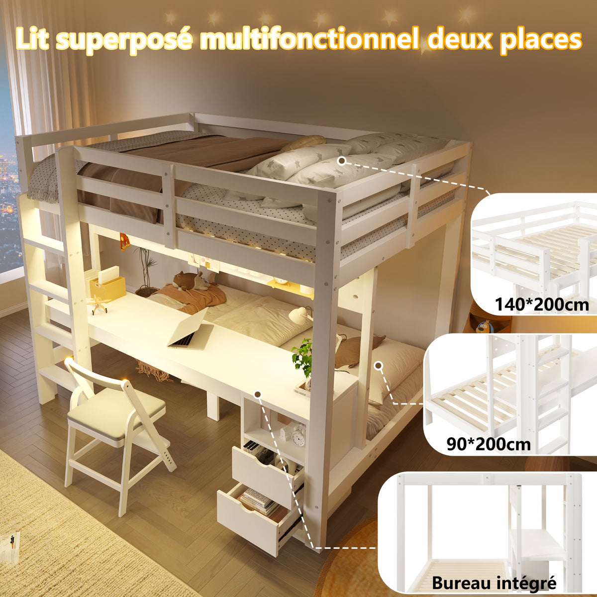 Loft Bed with Desk and Drawers, 90x200 & 140x200 cm, Pine Wood