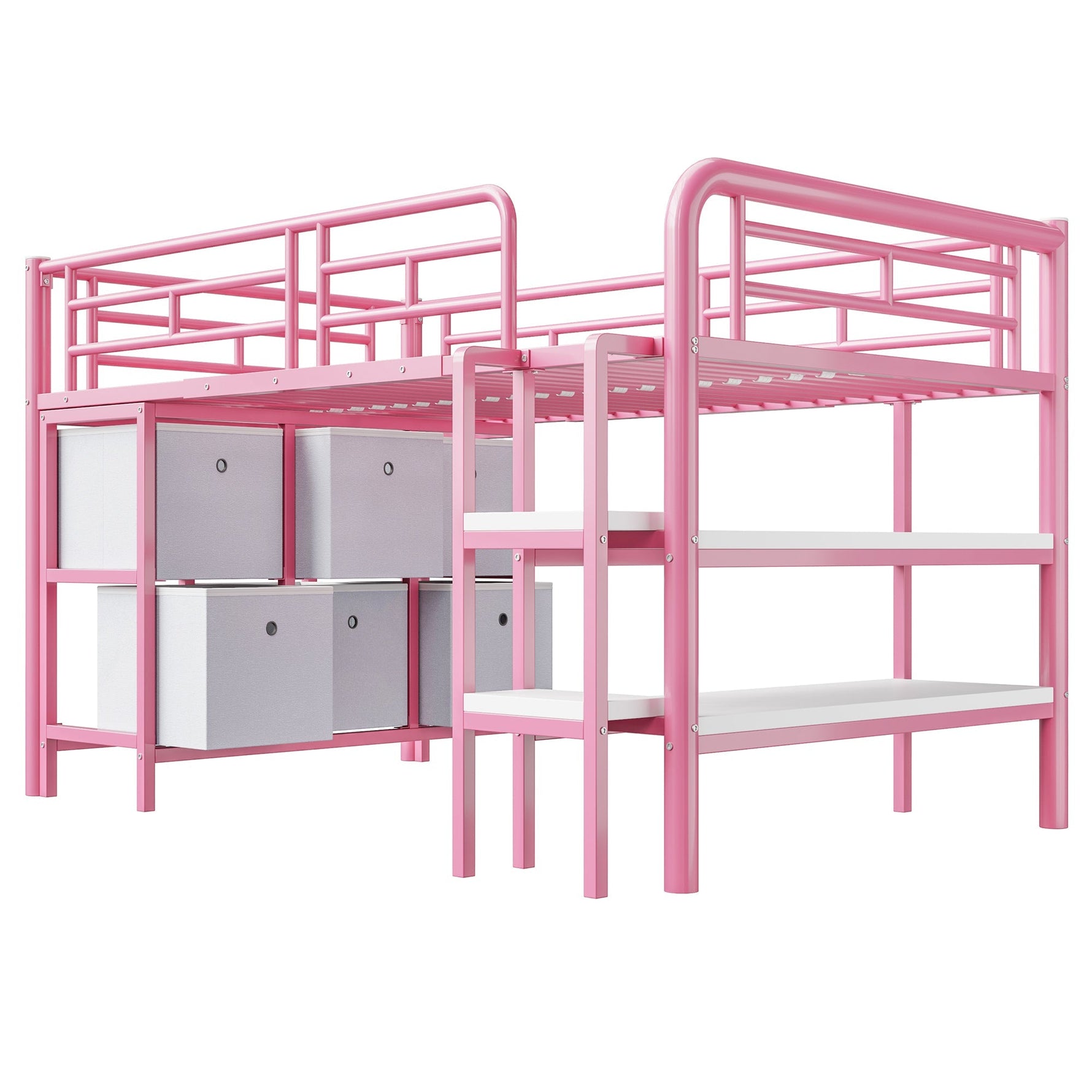 Children's Loft Bed with Metal Frame, Storage Drawers and Shelves, Pink
