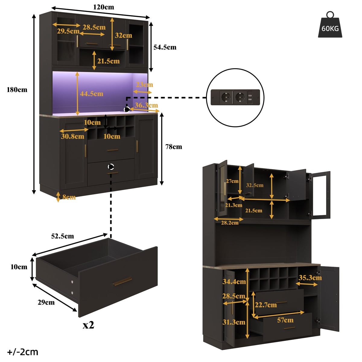 Sideboard with LED Lighting and Power Socket, 6 Doors and 2 Drawers, Black and Gold