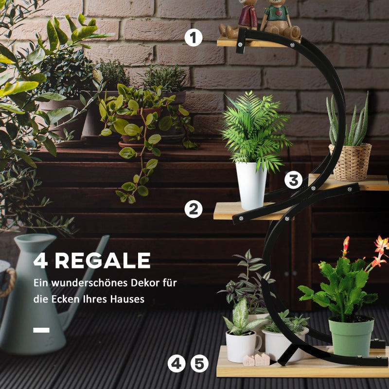 Plant Shelf S-Shaped 4-Tier Stand with Metal Frame and Solid Wood, Black