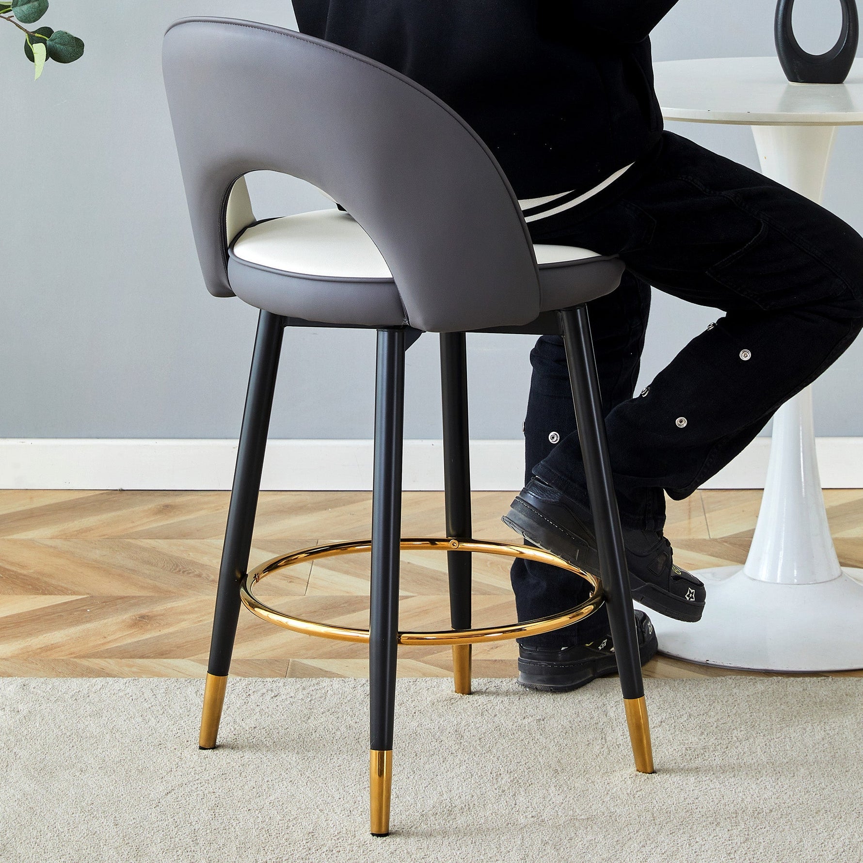 360° Swivel Bar Stool Set of 2 with Padded Seat and Open Back, Dark Grey and White PU Leather