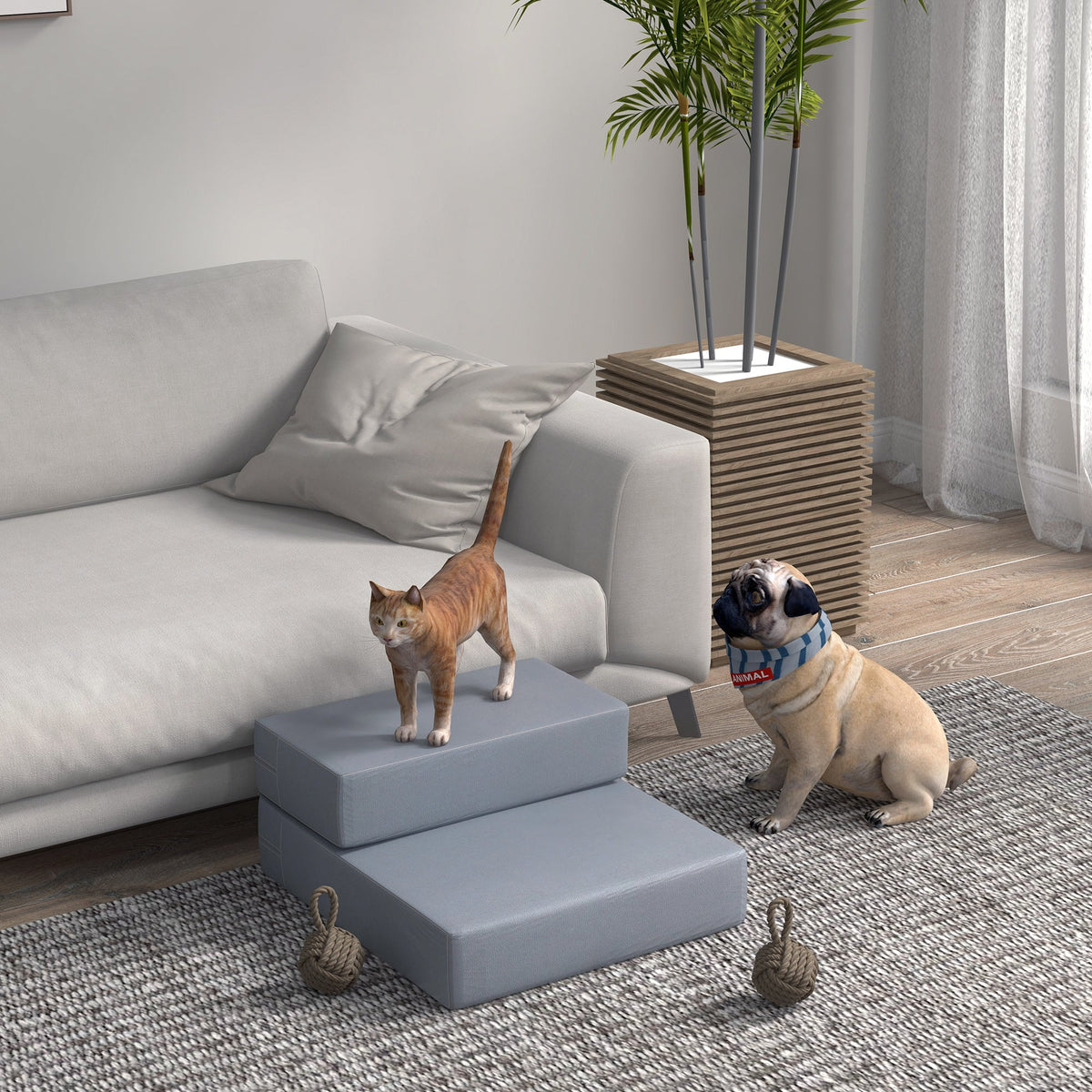Pet Stairs, 2 Steps Foldable, Dog Stairs, Grey PU Leather