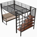 Bunk Bed with Removable Sofa and Storage Stairs, 140x200cm, Black Metal