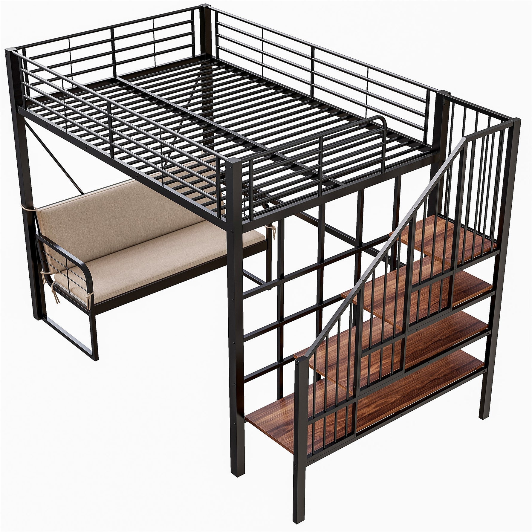 Bunk Bed with Removable Sofa and Storage Stairs, 140x200cm, Black Metal