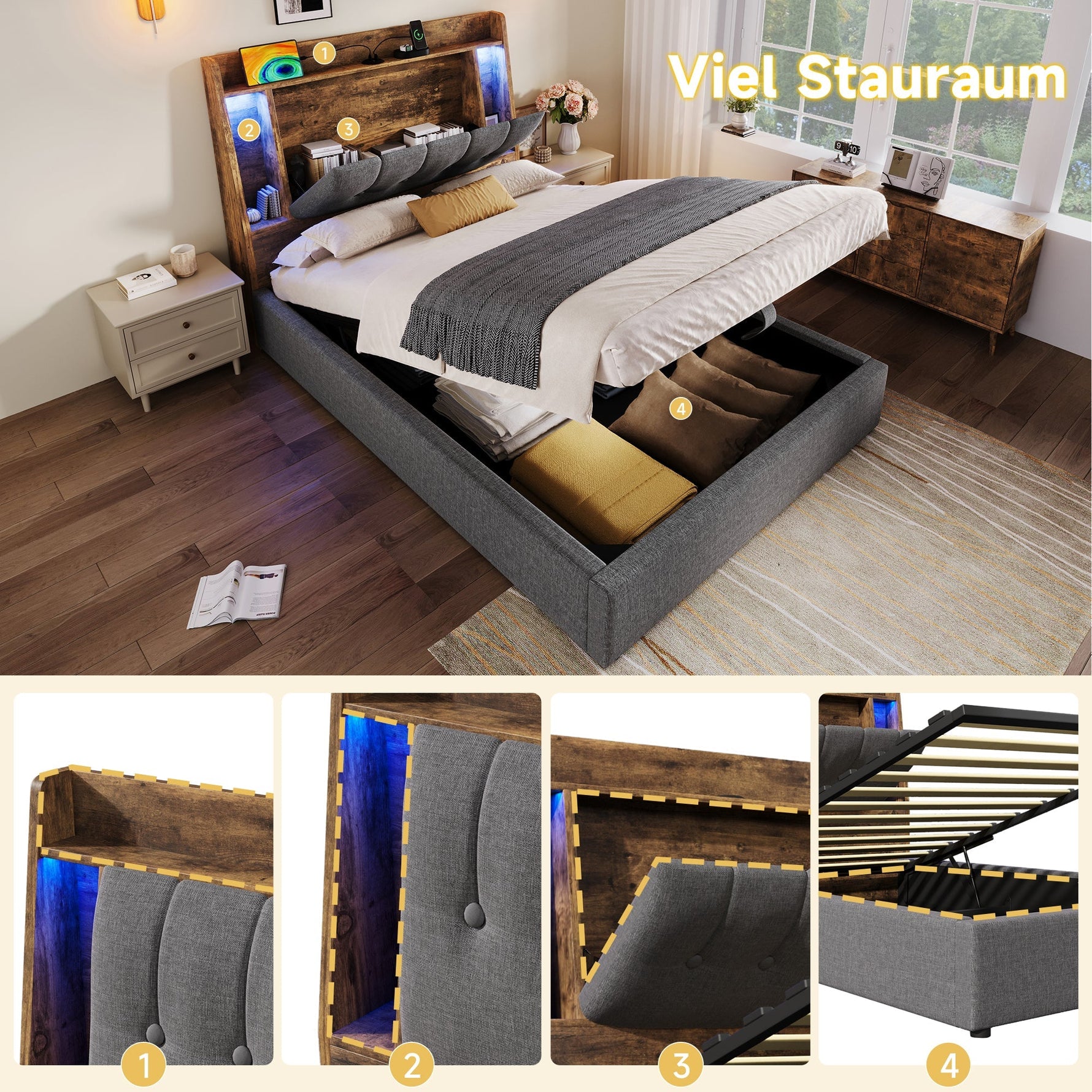 Upholstered Bed 90x200cm Flip-Top Storage LED USB/Type-C App Control - Linen Grey