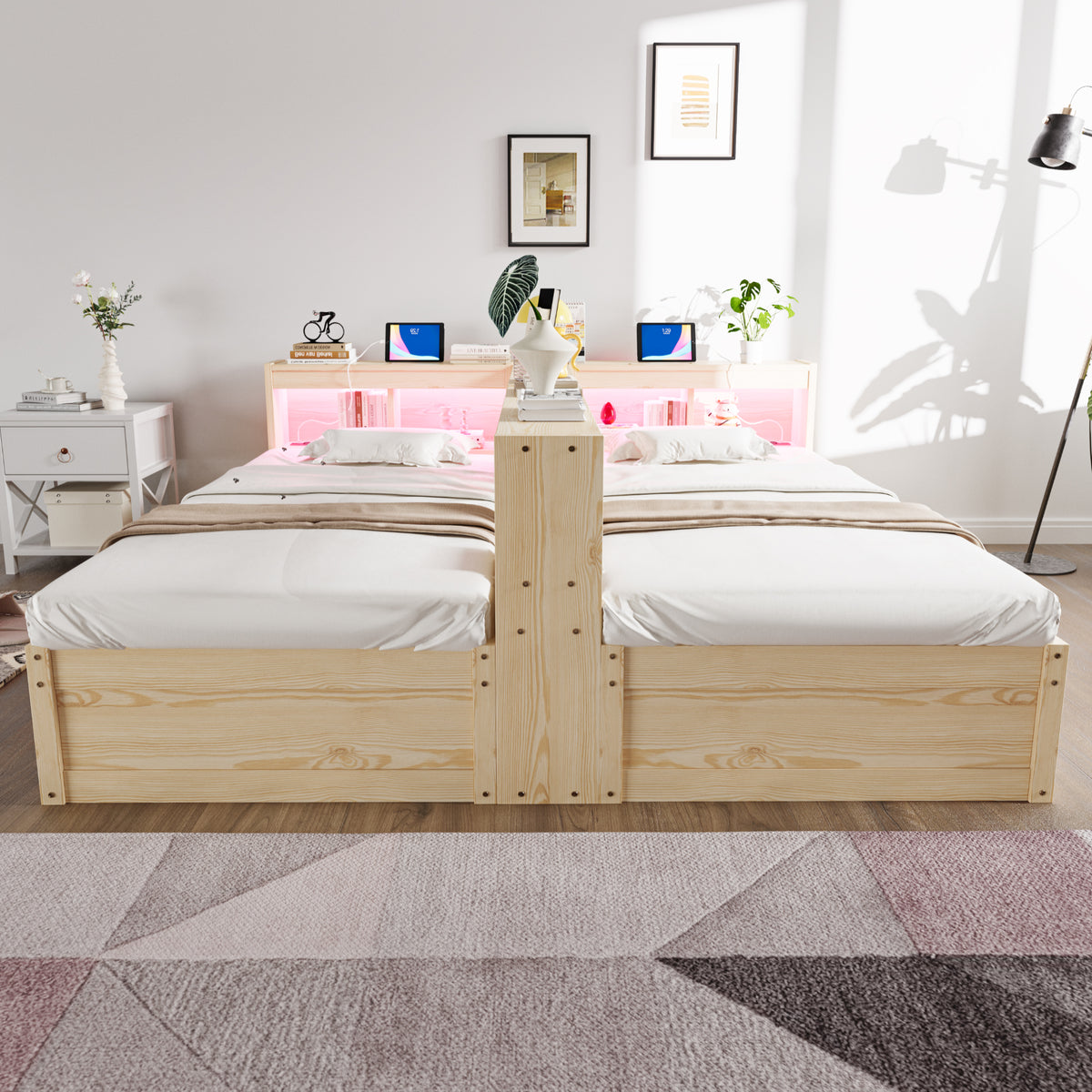 Extendable Sofa Bed 90/180x200cm with Storage & LED, Wood Color