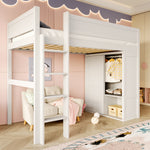 Loft Bed 90x200cm with Wardrobe & Storage, White Pine Wood