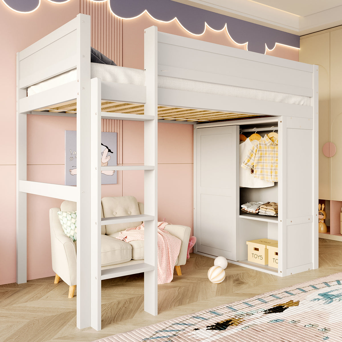 Loft Bed 90x200cm with Wardrobe & Storage, White Pine Wood