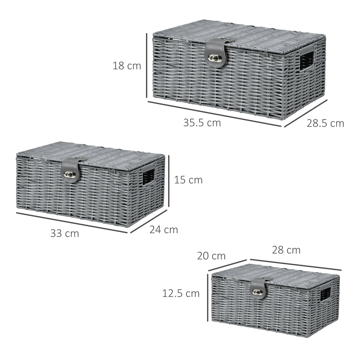 Storage Boxes Set of 3 with Lids & Buckles 18L 12L 7L, Grey