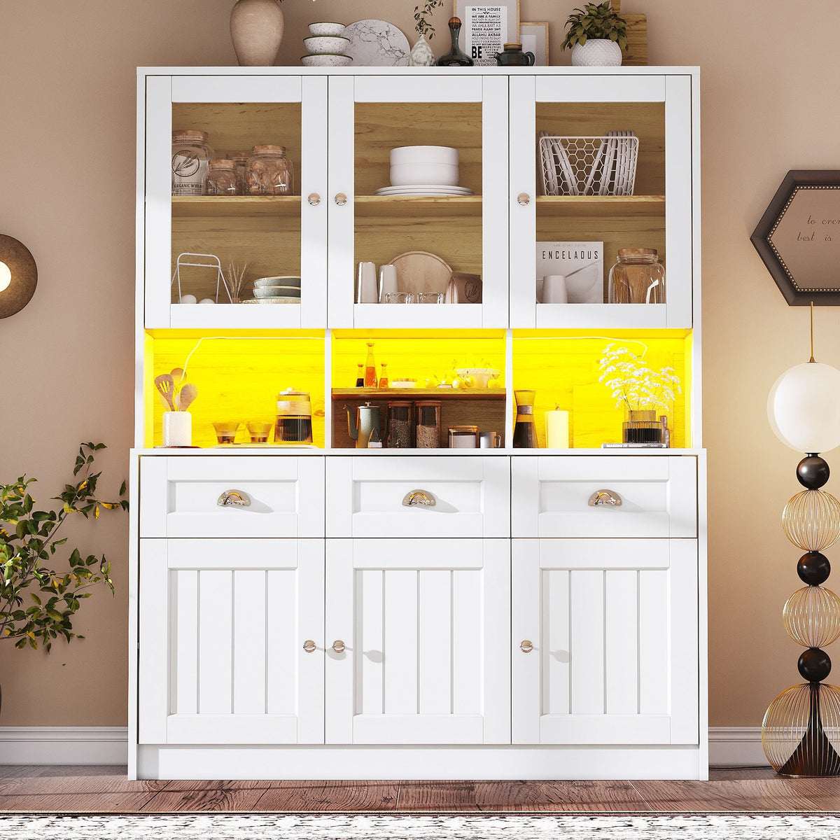 Tall Kitchen Cabinet 140x40x175cm Adjustable Shelves LED Lighting White/Black