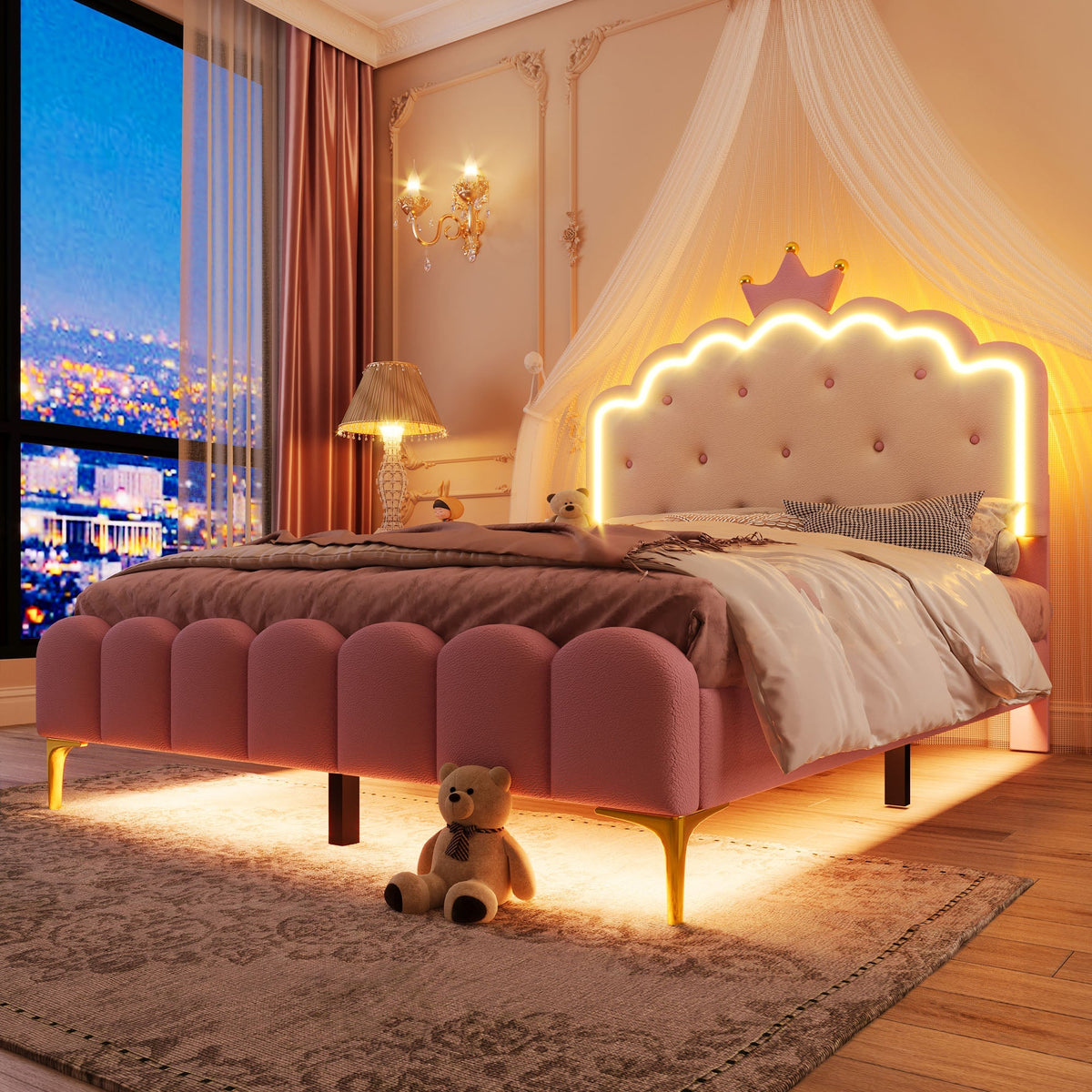 Upholstered Bed 140x200cm Princess Shape Ambient Light PU Pink