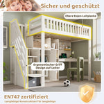 Children's Loft Bed with Desk, Wardrobe, Ladder Cabinet and USB Ports, 90x200cm, White Wood