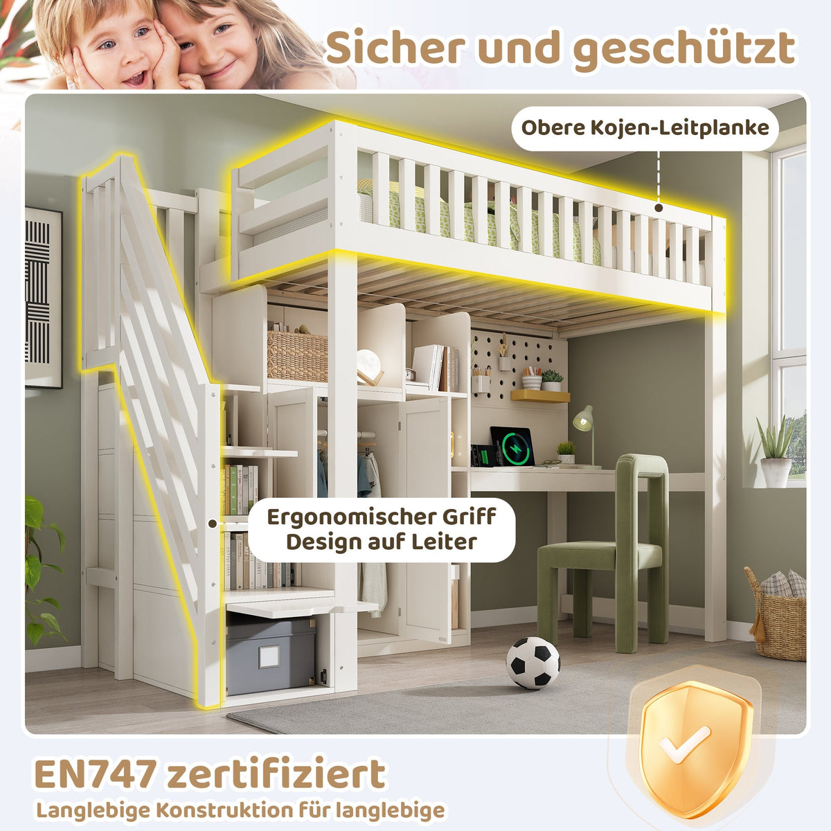 Children's Loft Bed with Desk, Wardrobe, Ladder Cabinet and USB Ports, 90x200cm, White Wood