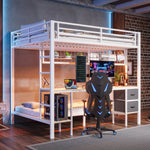 Loft Bed Desk Storage Drawers LED USB - White Iron Frame