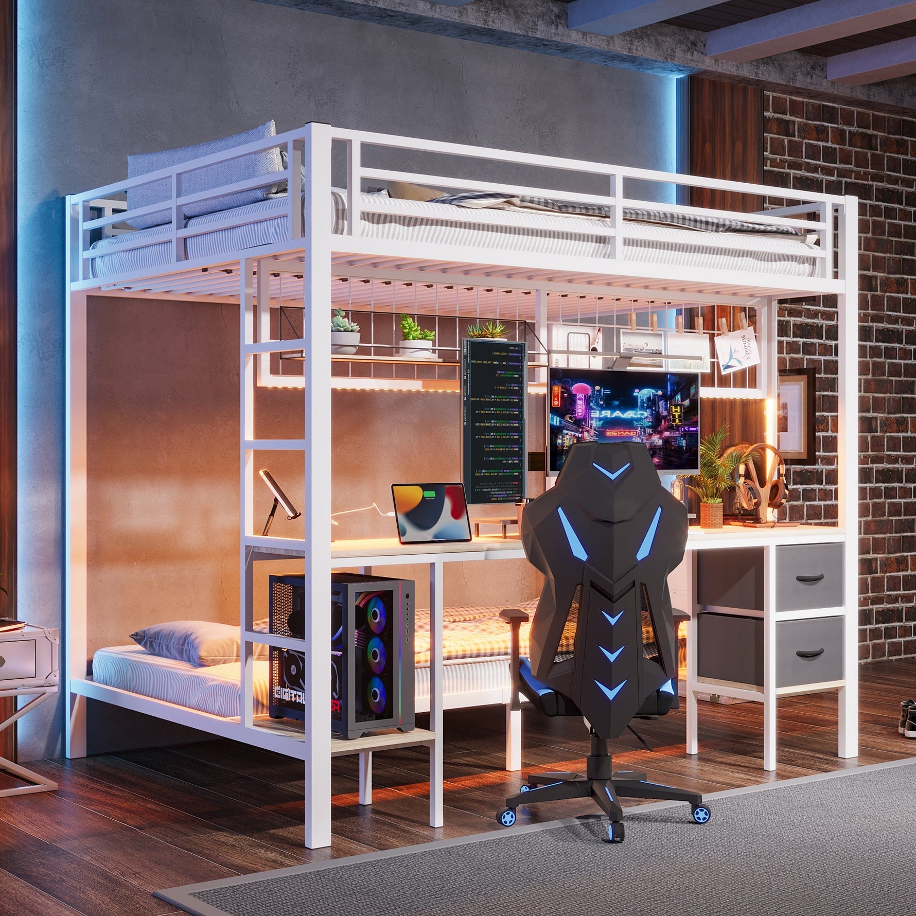 Loft Bed Desk Storage Drawers LED USB - White Iron Frame