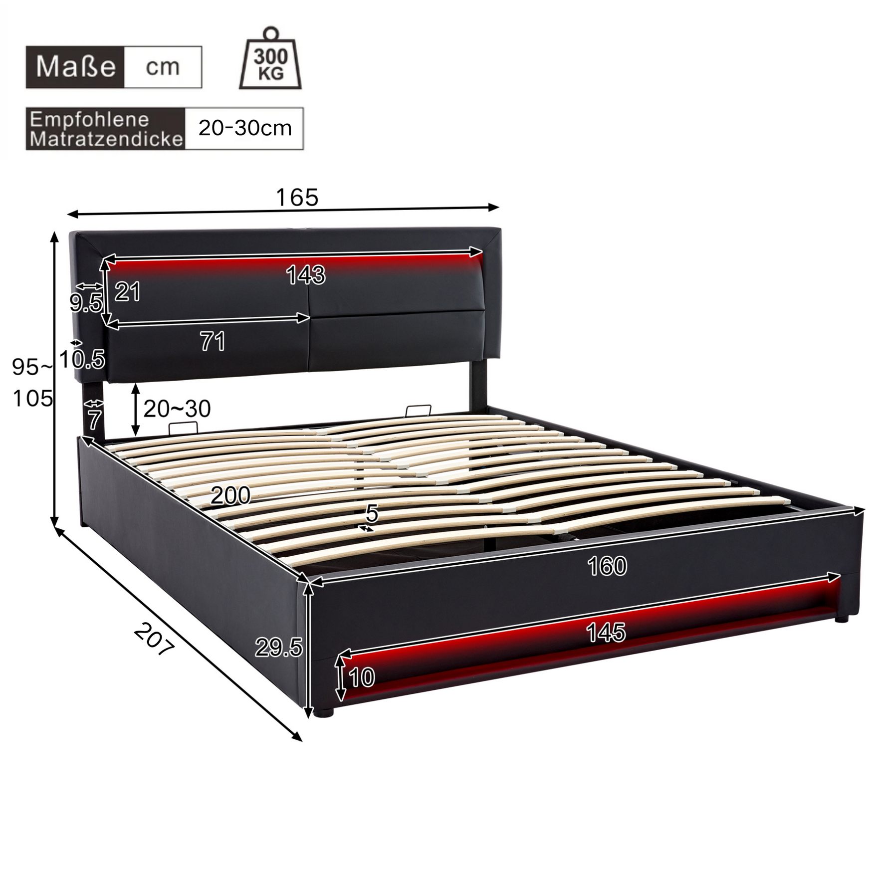 Upholstered Bed with USB, LED and Storage, 160x200cm, Black PU Lychee Pattern