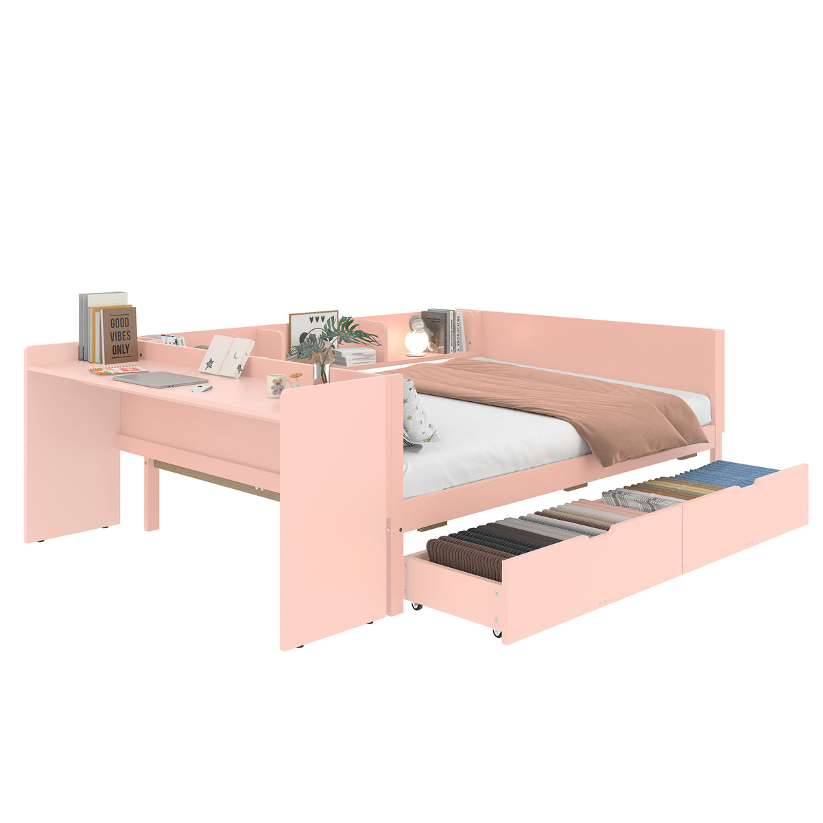 Wooden Double Bed 140x200cm with Desk & Drawers, Pink Pine