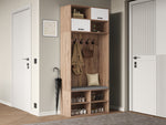 Wardrobe Set Hallway Bench 5 Hooks 2 Doors 6 Storage 80x185x35cm, Natural Wood/White