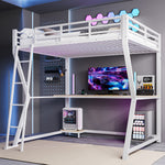 Loft Bed 140x200cm with Desk, LED Lights & USB, White