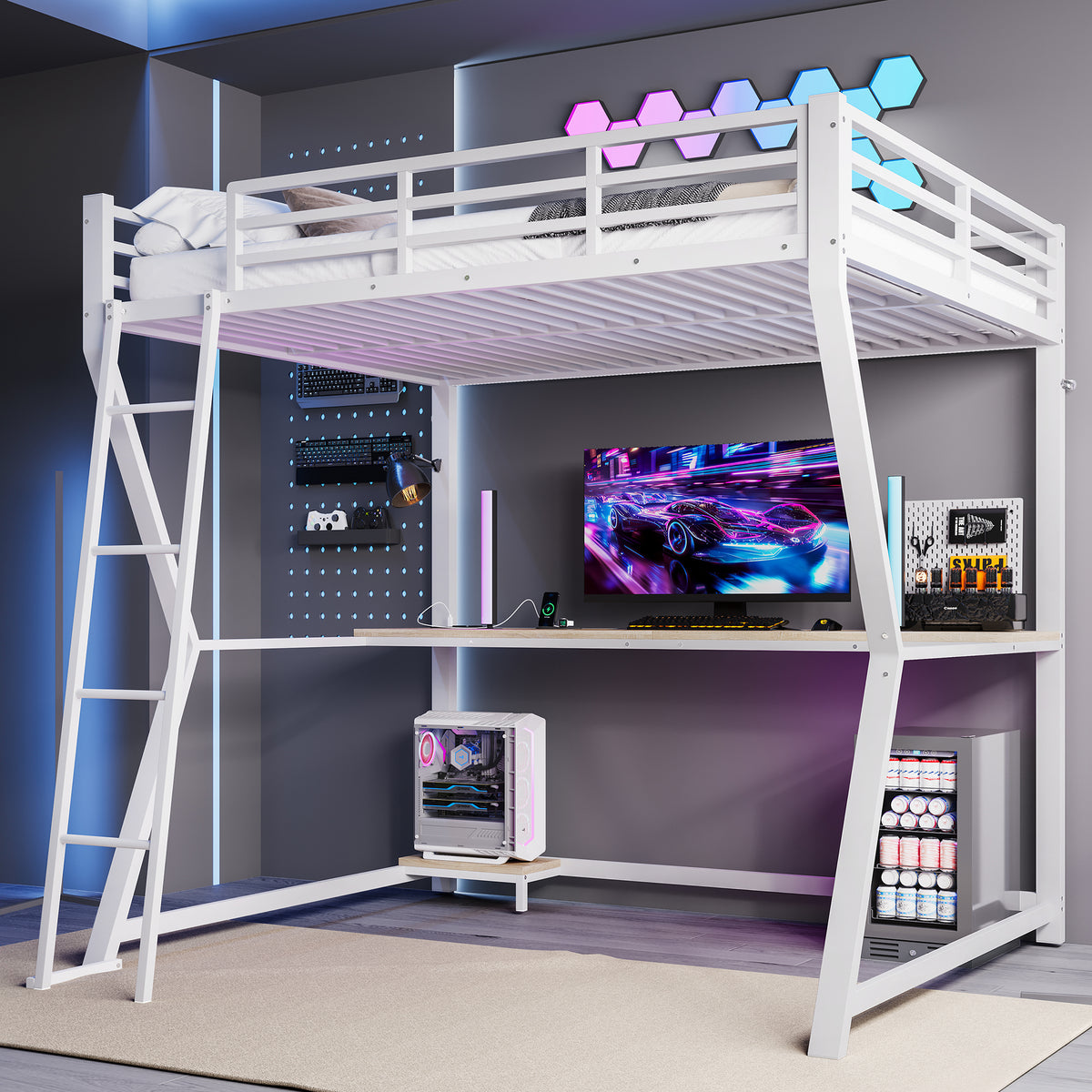 Loft Bed 140x200cm with Desk, LED Lights & USB, White