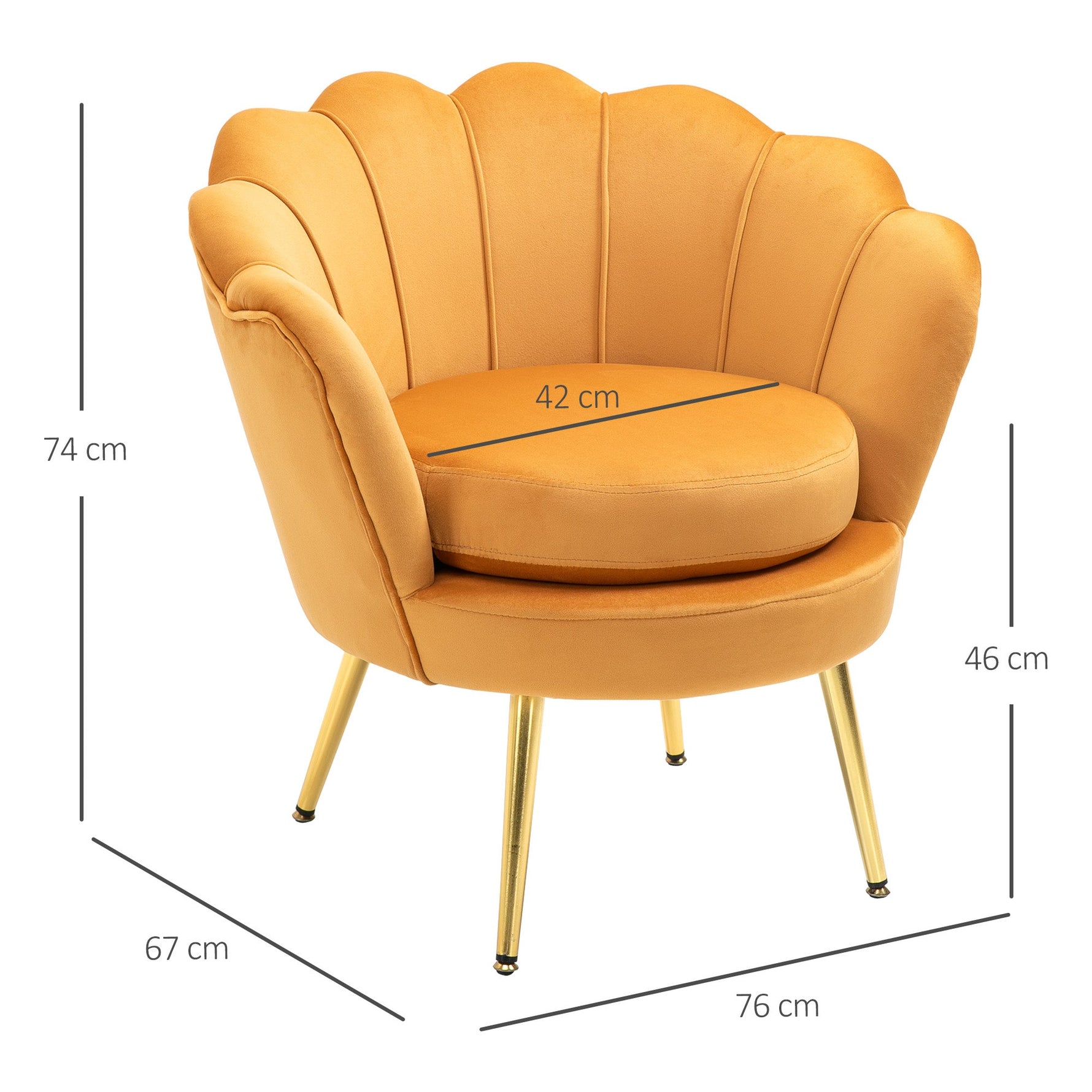 Armchair Upholstered, Shell Shape Relaxing, Metal Legs, Velvet, Yellow