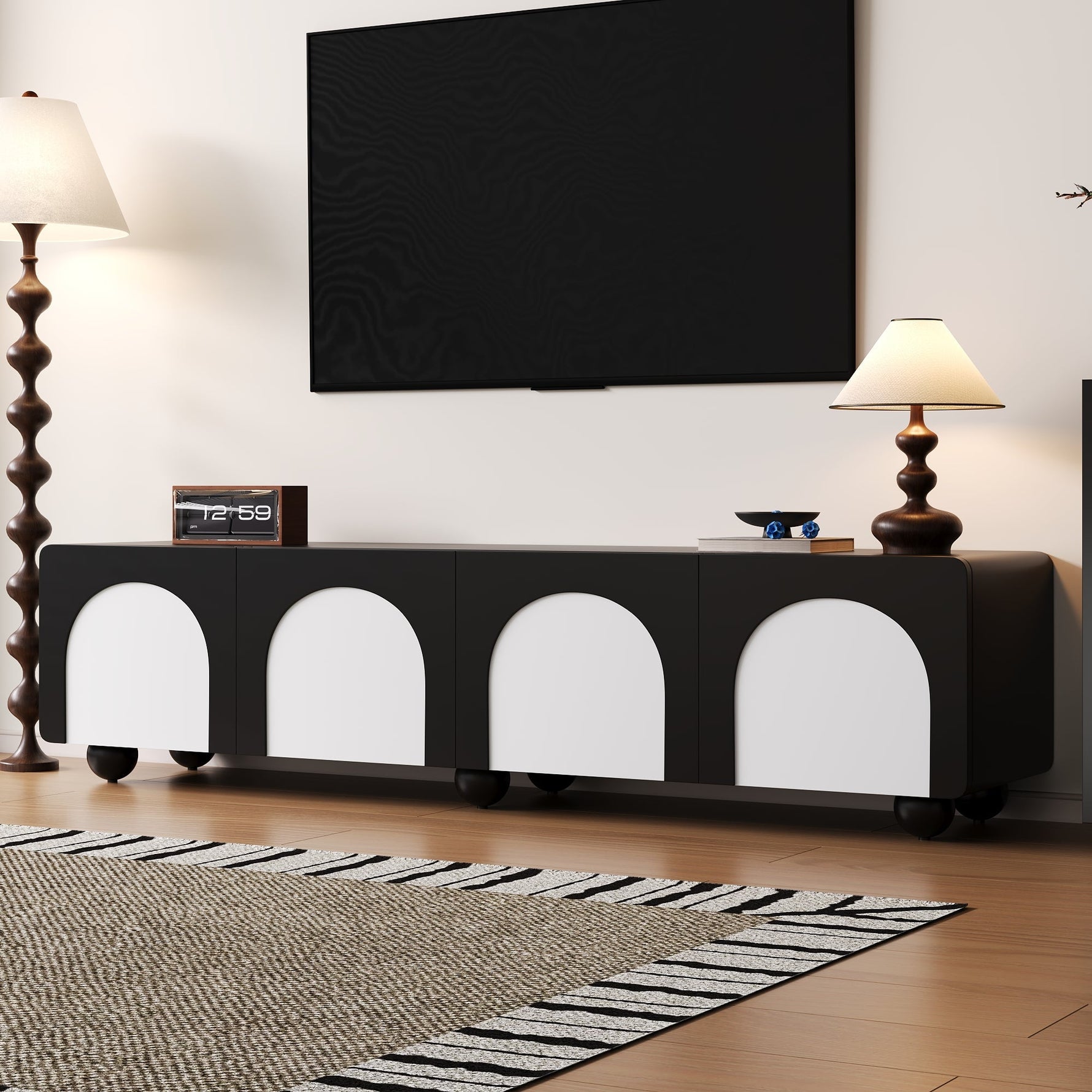TV Cabinet Low 180cm 2 Drawers 2 Doors Black and White