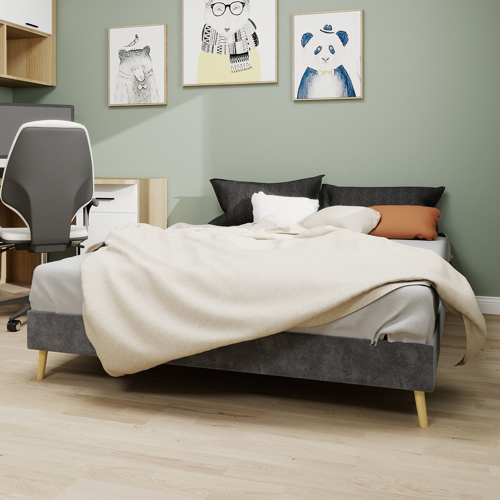 Modern Minimalist Bed Frame - 160x200 cm, Low-Profile, Grey Dutch Velvet