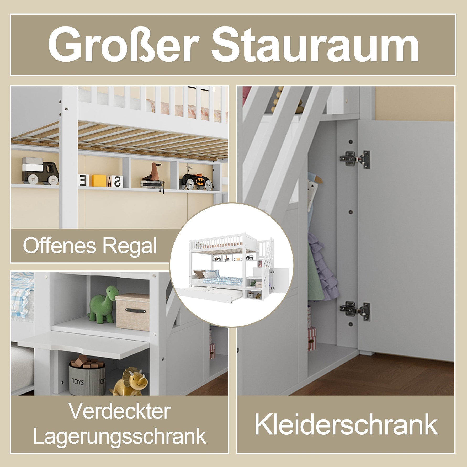 Bunk Bed 90x200cm Pull-out Bed with Shelf, Wardrobe & Storage - White