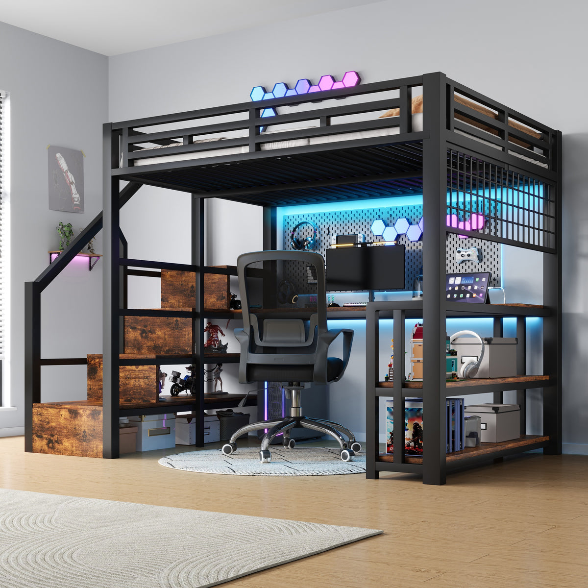 Loft Bed 140x200cm with Desk & Storage Staircase, Black Metal