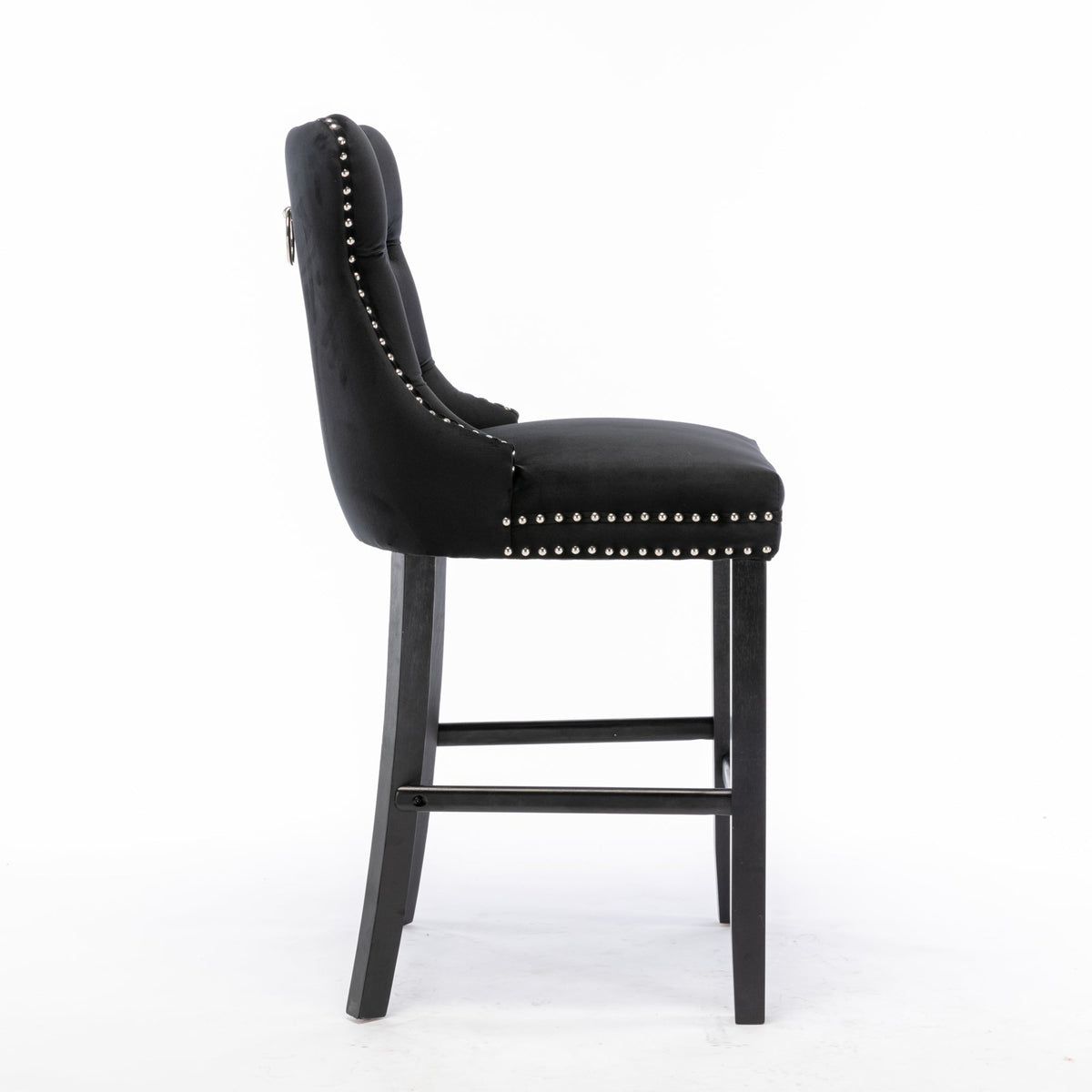 Contemporary Barstools, Button Tufted Wooden Legs Set of 2, Velvet Black