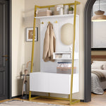 Wardrobe, Compact Multifunctional Storage with Mirror, Hooks & Shoe Bench