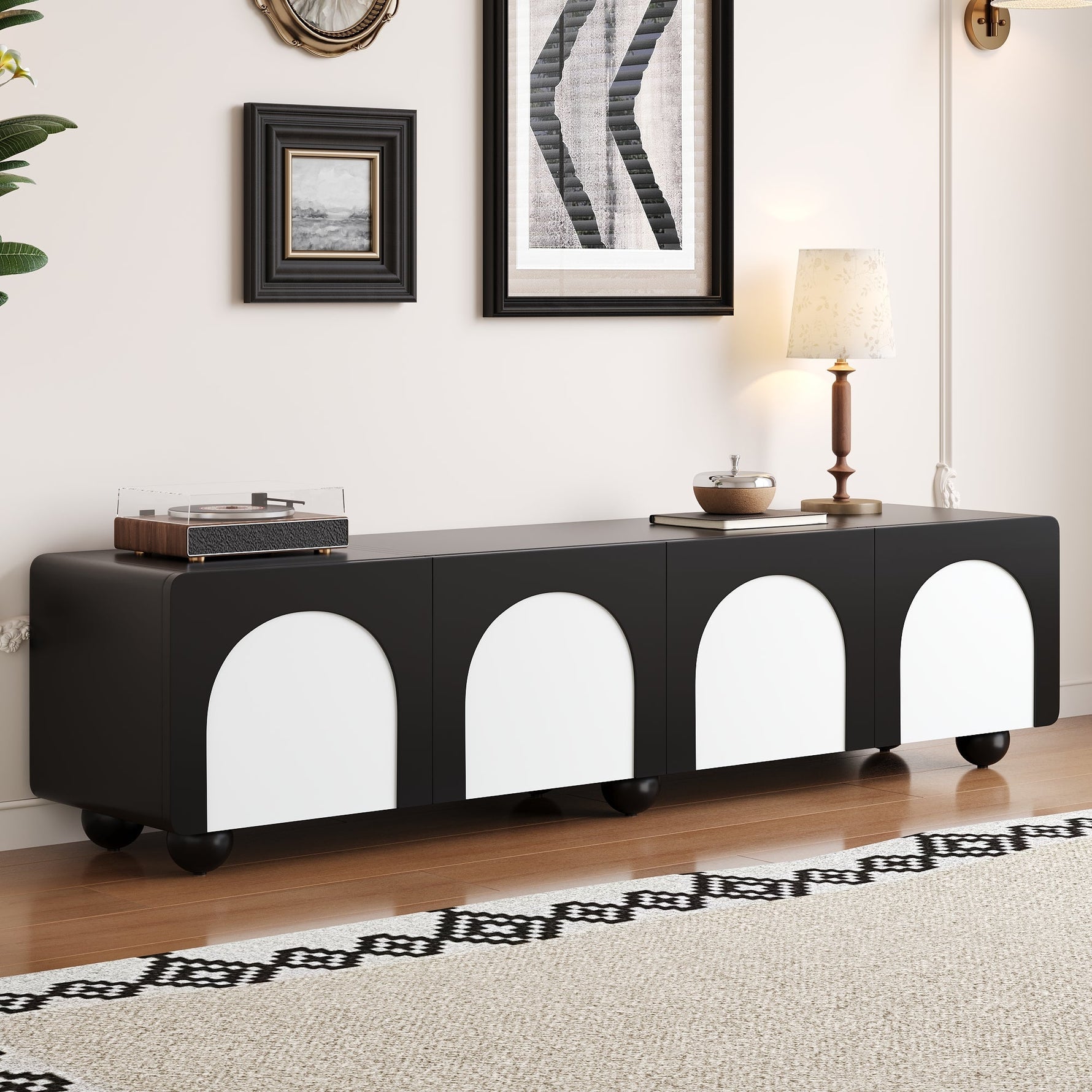 TV Cabinet Low 180cm 2 Drawers 2 Doors Black and White