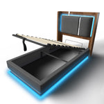Youth Upholstered Bed 90x200 with LED & Storage, Grey Linen & Walnut