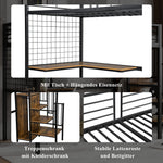 Iron Bunk Bed, Loft Bed with Table & Wardrobe, 90x200cm, Black Iron & Dark Wood