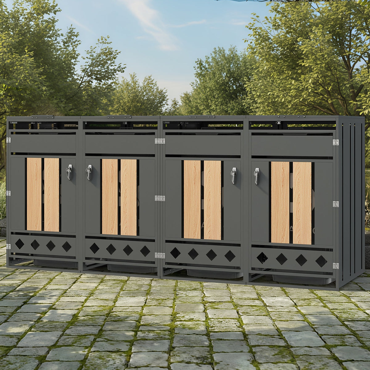 Bin Storage Unit with Hinged Lid, Lockable and 4 Doors, Wood Grain