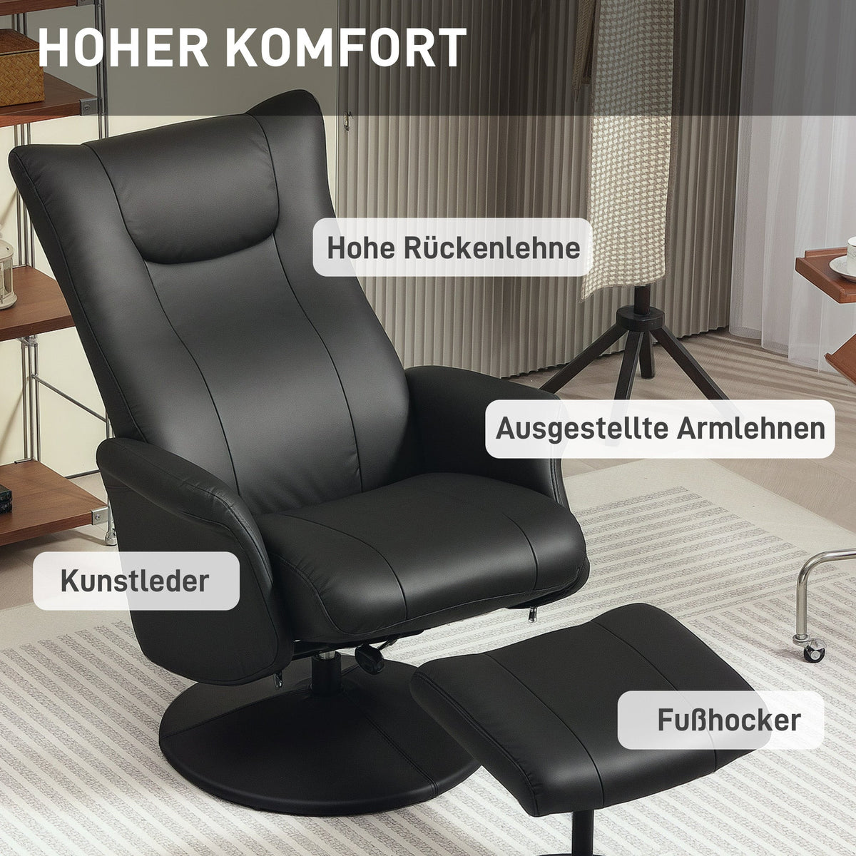 Recliner Chair with Footstool, 360° Rotating, 150 kg, Faux Leather Black
