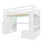 Loft Bed with Desk, Shelves, Drawers and Storage Stairs, 140x200cm, White