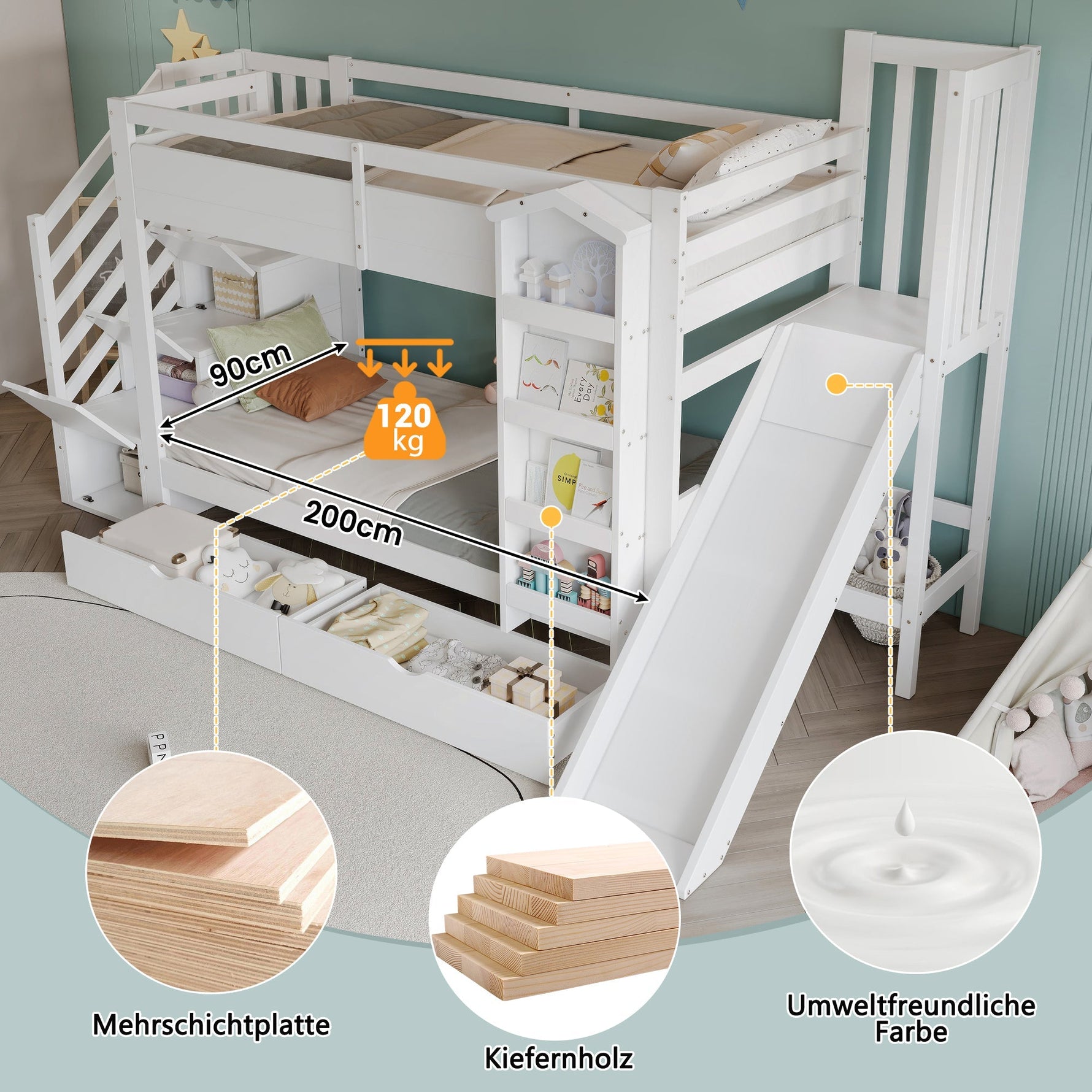 Bunk Bed with Slide, Stair Storage, Bookshelf and Drawers, 90x200cm, White Pine + MDF
