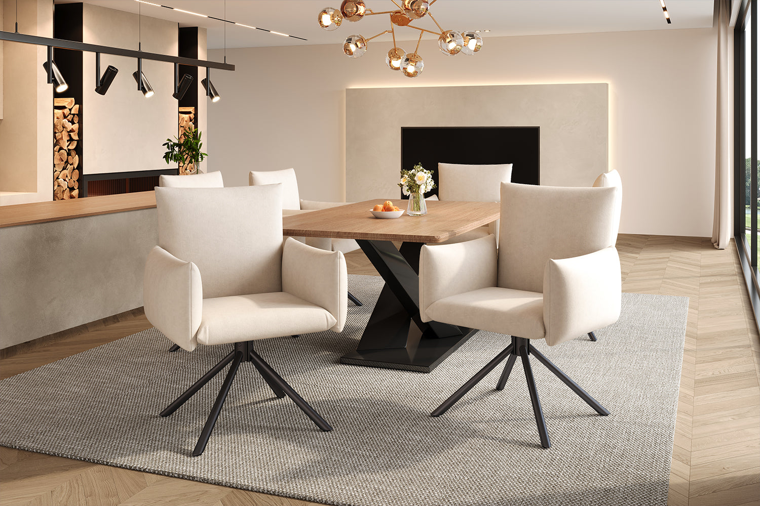 Dining Chairs Set of 4 Upholstered Swivel 360° Lumbar Support - Velvet Beige